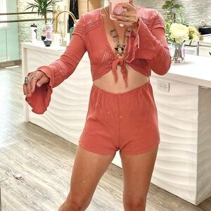 Sweet Boho Gypsy crochet romper in beautiful antique rose colour w bell sleeves